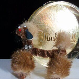 1950's Vintage Mink Fur Poodle with Rhinestone Collar Brooch Original Case NOS!